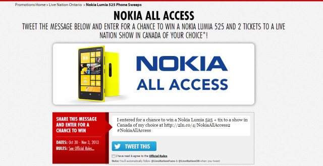 Live Nation Tweematic   Nokia Lumia 525 Phone Sweeps