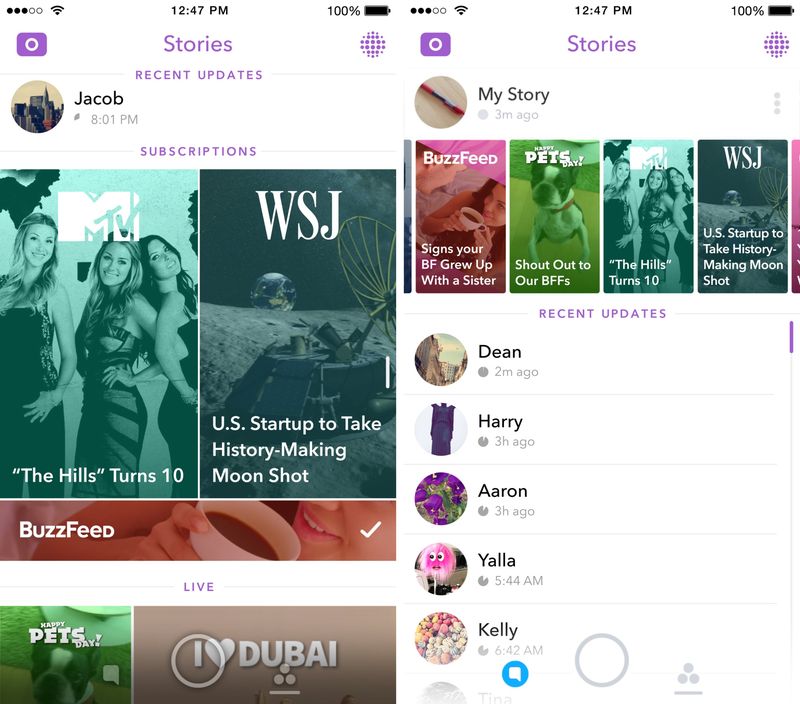 Snapchat redesigned stories page