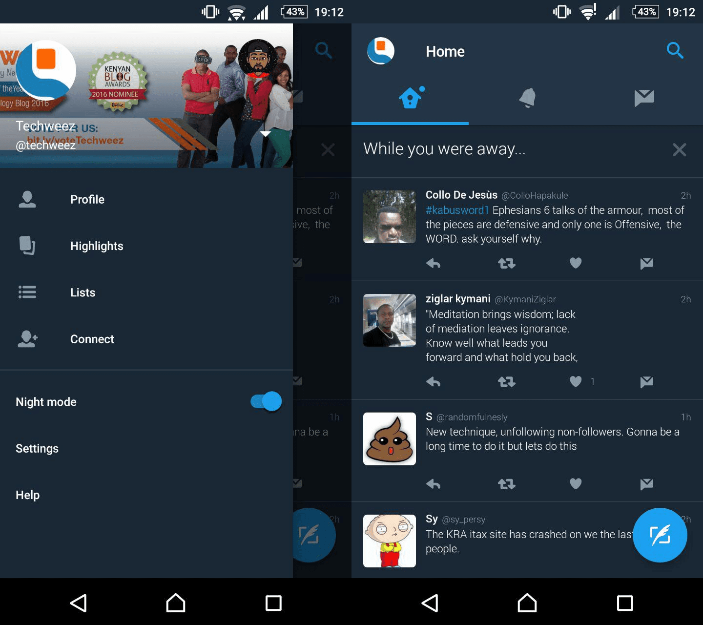 Night mode on Twitter for Android
