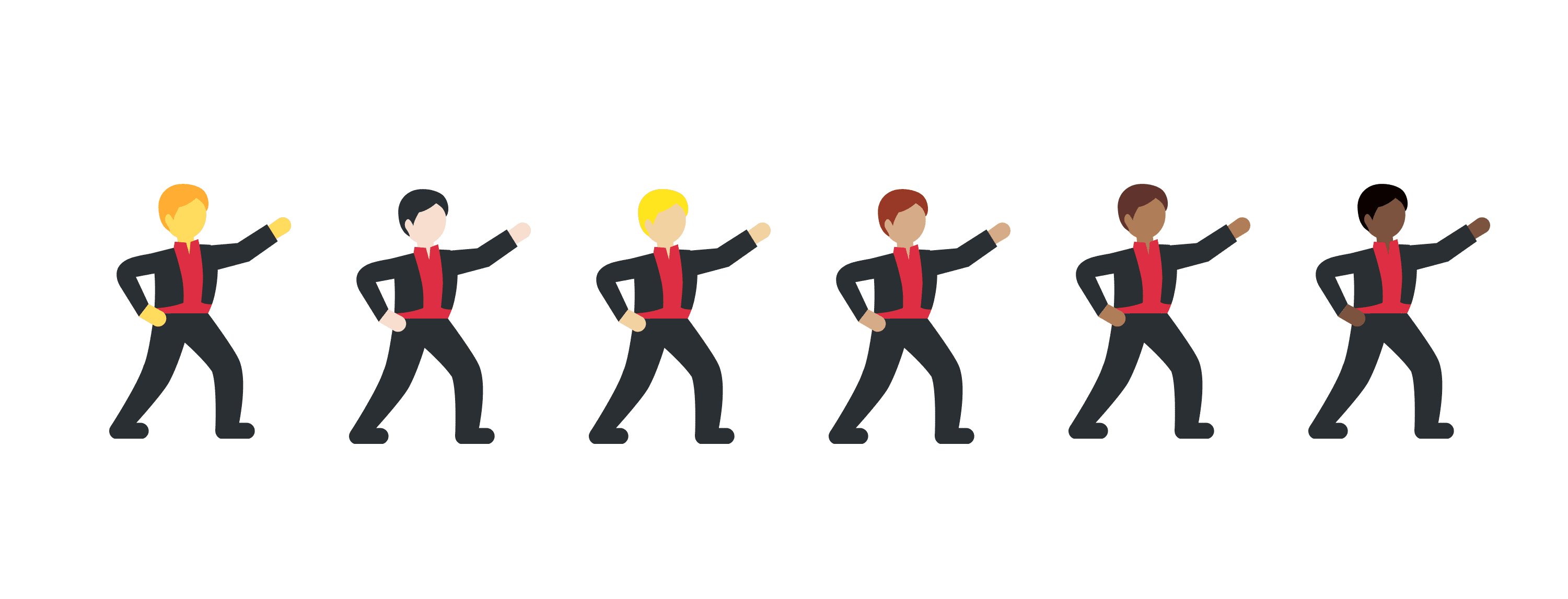 Man dancing in various skin tones  via Emojipedia