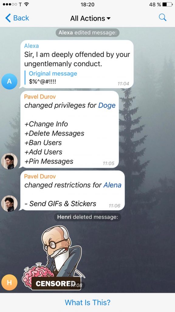 recent admin actions telegram