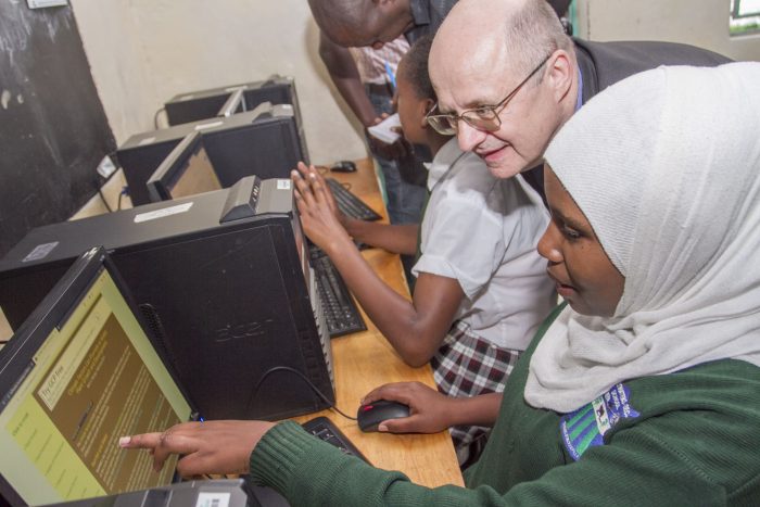 Microsoft 4Afrika Academy Dean Lutz Ziob with Dahabo Abdi a student at Sweetwaters Secondary during a familiarization trip of the Mawingu Project