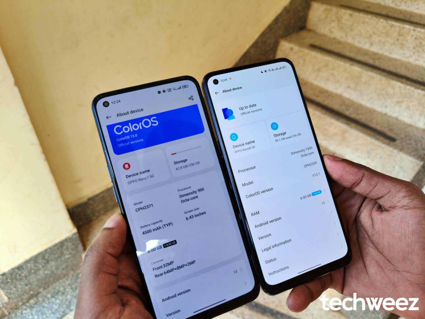 OPPO Reno7 5G with ColorOS 13(left) and OPPO Reno8 5G with ColorOS 12(right) that has now gotten Android 13