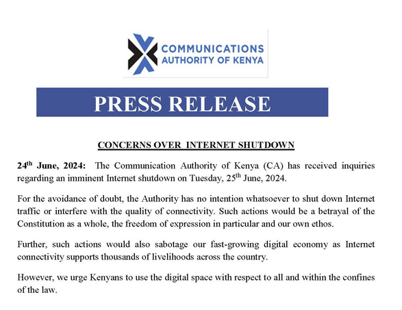 communications authority statement on potential internet shutdown in kenya