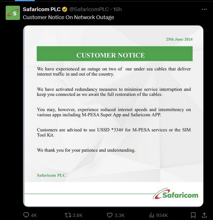 safaricom statement on internet outage
