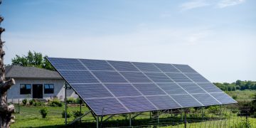 Solar panels in a field.