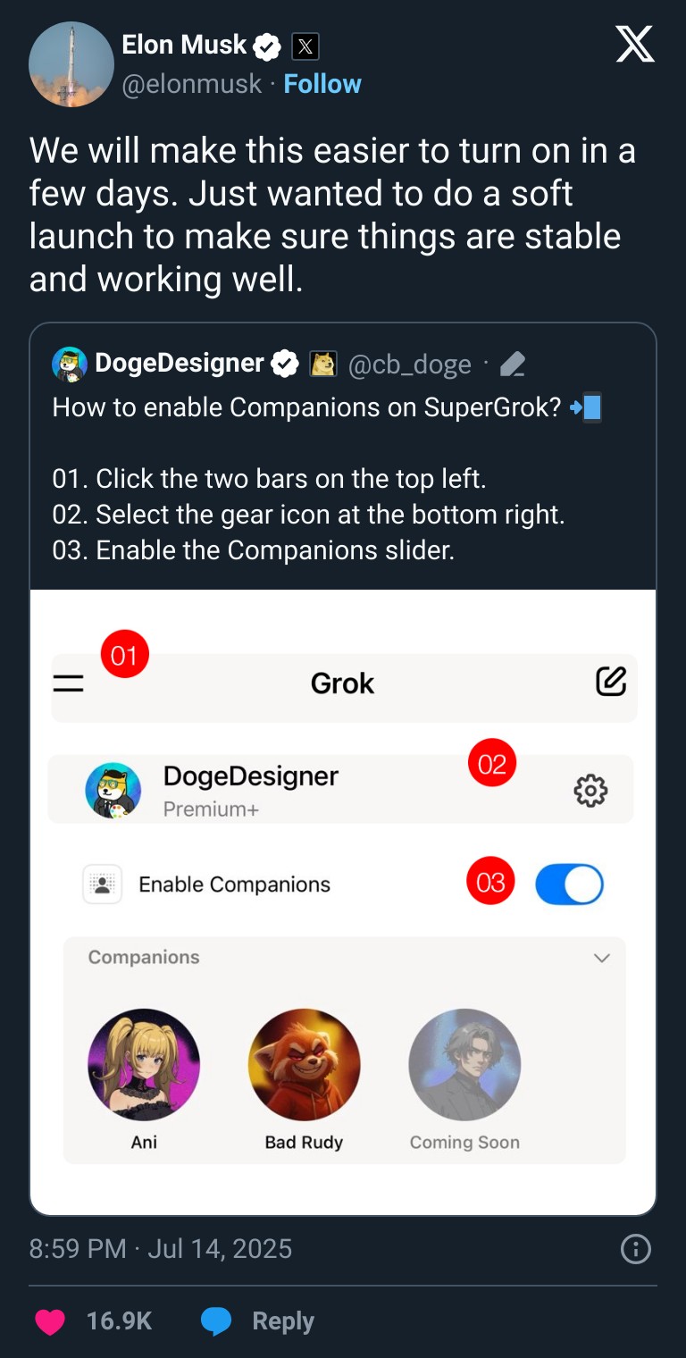Elon Musk's tweet on the new Grok anime companions