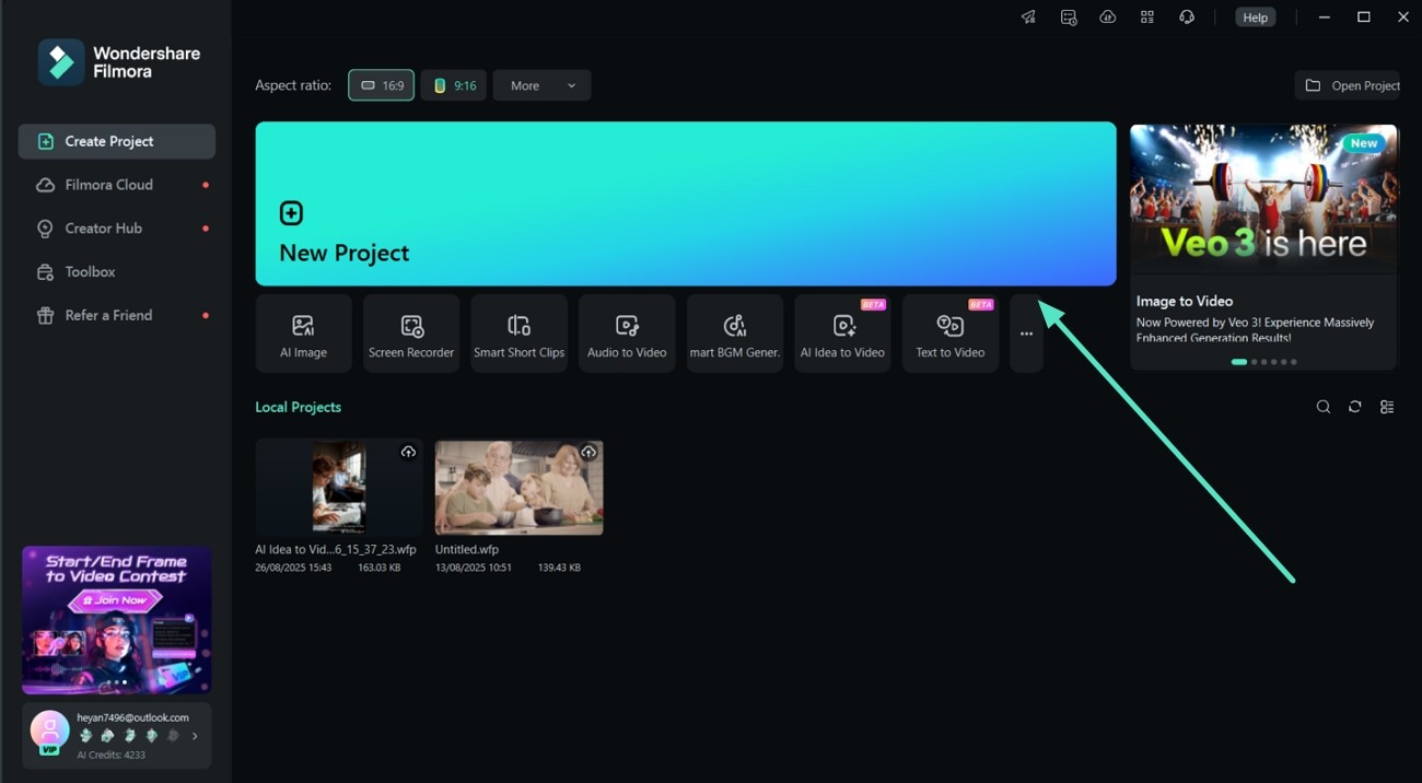 access filmora start new project