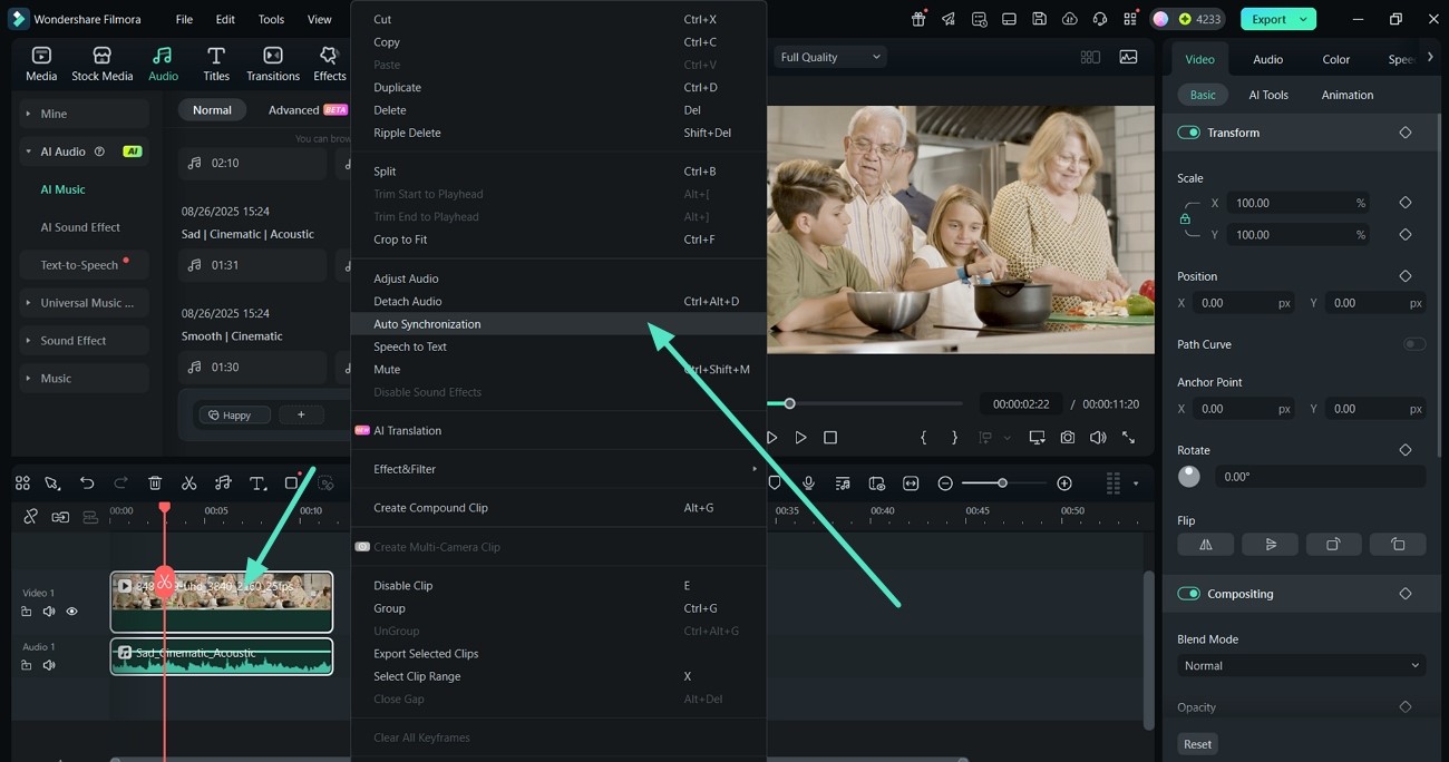 apply auto sync feature filmora