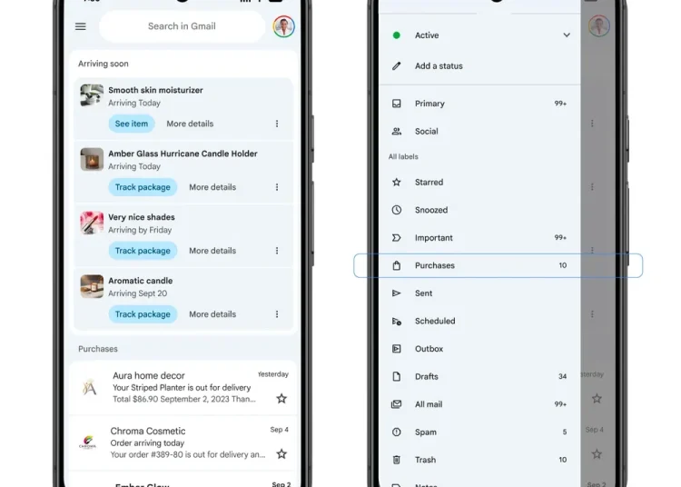 gmail purchases tab