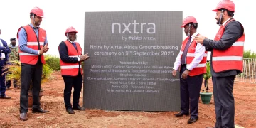 Nxtra Africa CEO, Yashnath Issur, Communications Authority Assistant Director Compliance Peter Ikumilu, ICT CS William Kabogo, and Airtel Kenya MD Ashish Malhotra during the groundbreaking of the Nxtra Data Centre, East Africa’s largest data centre with a planned power capacity of 44 megawatts.