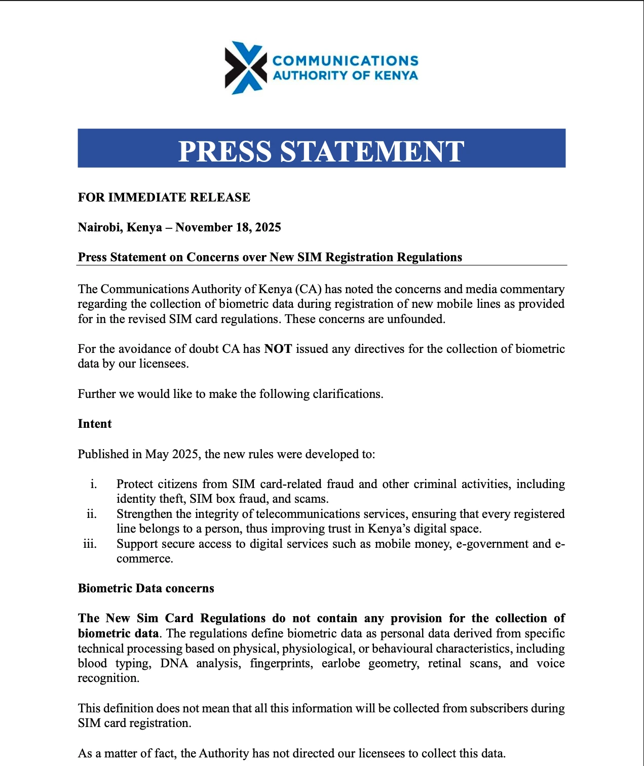 Statement from the Communications Authority