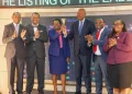 From Left: Donald Warutere, Director, Market Operations, CMA, Donald Wangunyu, chairman KASIB, EABL Group CEO & MD, Jane Karuku, EABL Chairman, Dr. Martin Oduor-Otieno, NSE CEO, Frank mwiti and EABL Group CFO Risper Ohaga during the bell ringing ceremony for the new Medium-Term Note at Nairobi Securities Exchange