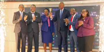 From Left: Donald Warutere, Director, Market Operations, CMA, Donald Wangunyu, chairman KASIB, EABL Group CEO & MD, Jane Karuku, EABL Chairman, Dr. Martin Oduor-Otieno, NSE CEO, Frank mwiti and EABL Group CFO Risper Ohaga during the bell ringing ceremony for the new Medium-Term Note at Nairobi Securities Exchange