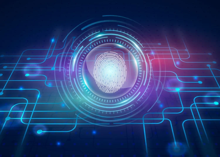 A fingerprint scan on a digital background