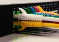 Close-up of multi-colored fiber cables connected to a server