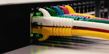 Close-up of multi-colored fiber cables connected to a server