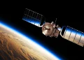 Reflection of earth in solar panels of a space satellite