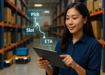 Warehouse operations employee managing inventory using tablet technology distribution center digital management organized environment close-up view efficiency concept