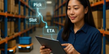 Warehouse operations employee managing inventory using tablet technology distribution center digital management organized environment close-up view efficiency concept