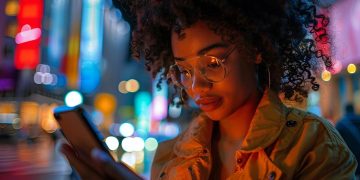Woman using phone at night