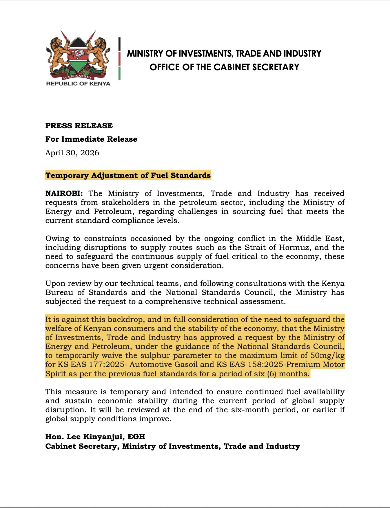 Statement from the Ministry of Investments, Trade and Industry