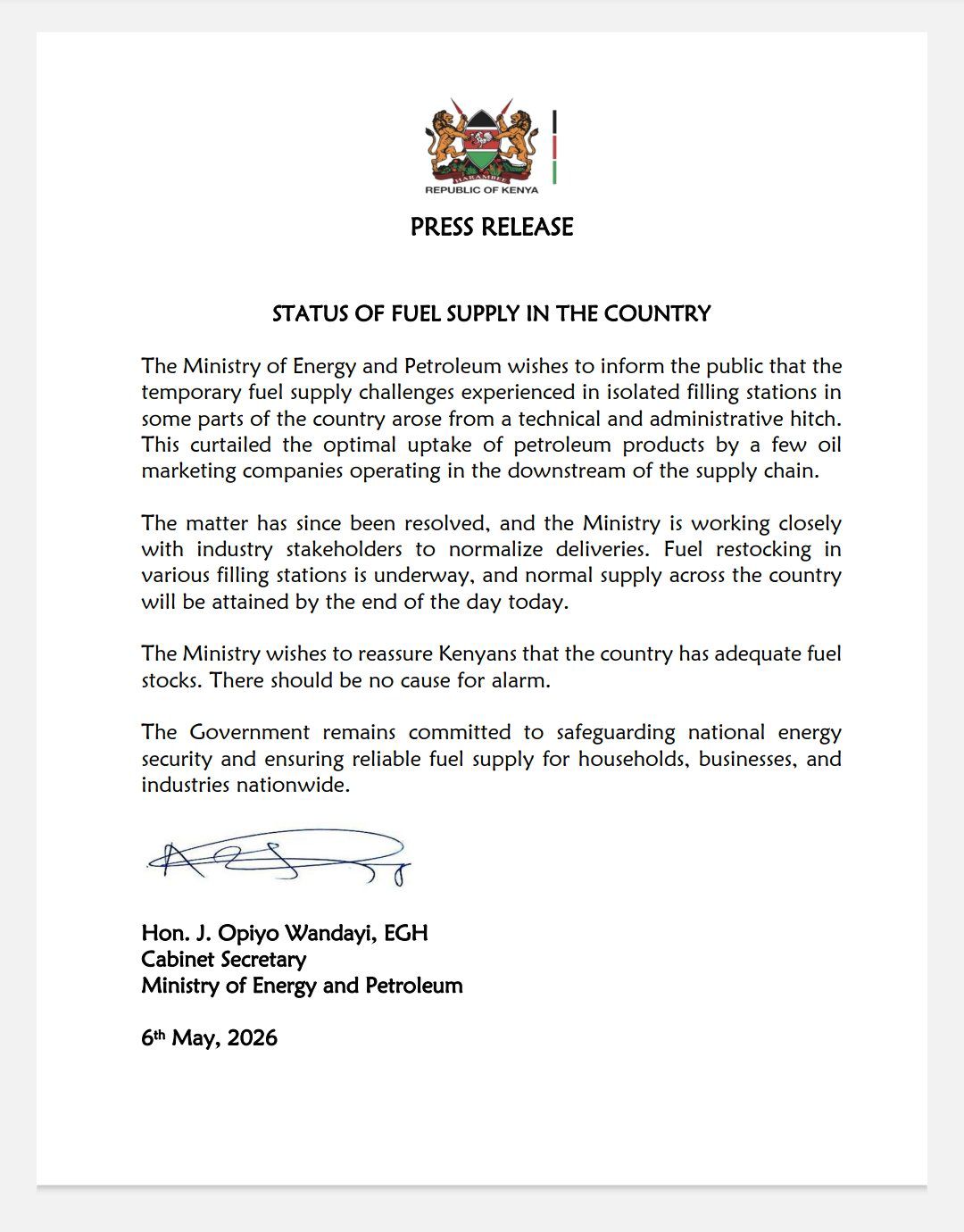 Statement from Ministry of Energy and Petroleum
