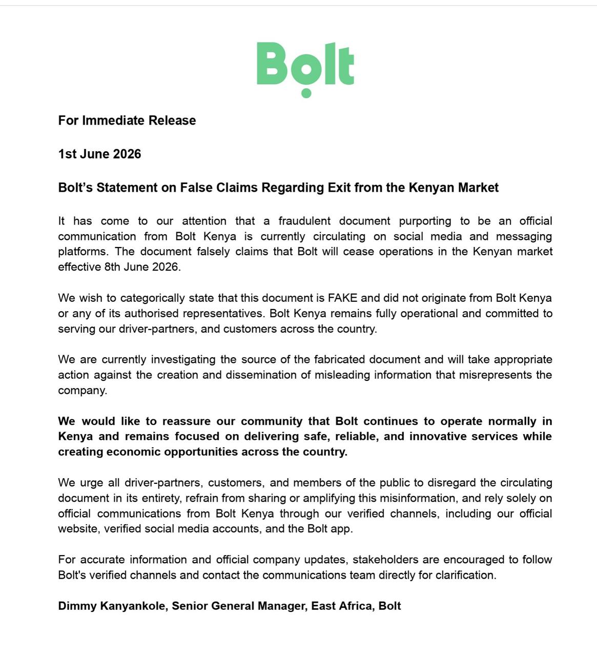 Official Bolt Statement