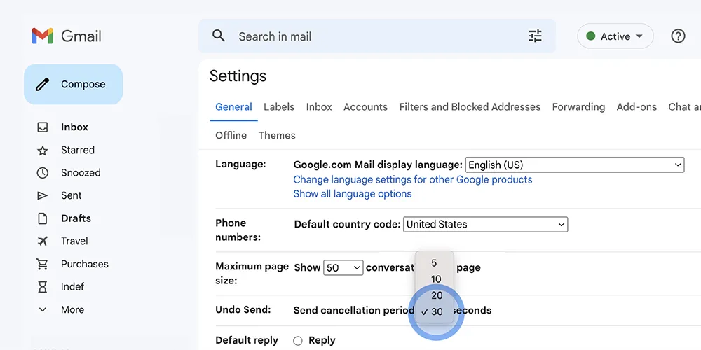 Extend your undo send window for up to 30 seconds.
