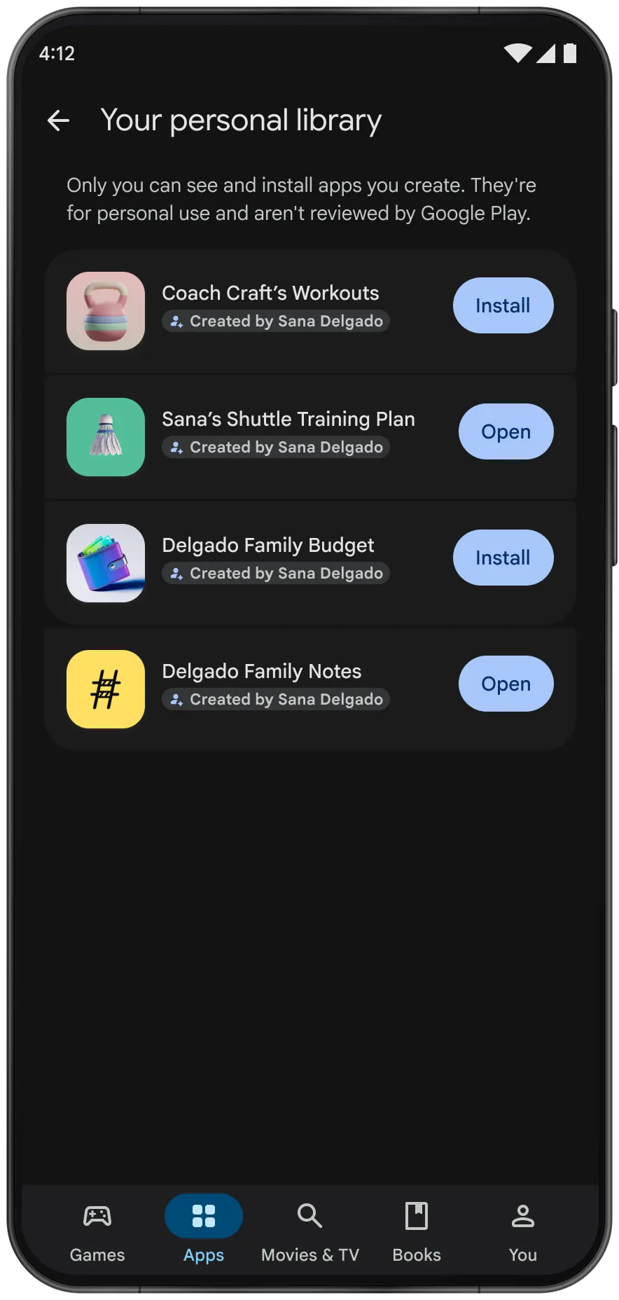 Build custom apps with AI and run or share them privately through Google Play.